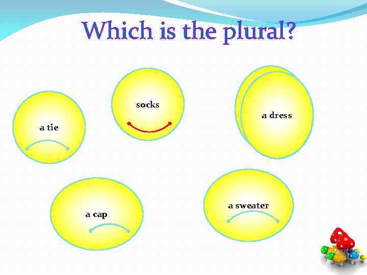 Which is the plural? socks a dress a tie a cap a sweater 