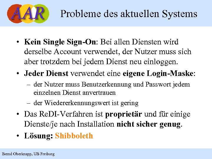 Probleme des aktuellen Systems • Kein Single Sign-On: Bei allen Diensten wird derselbe Account