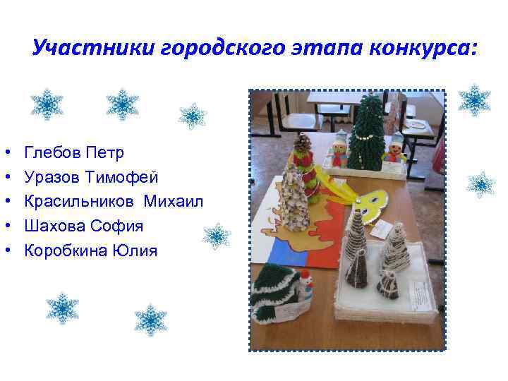 Участники городского этапа конкурса: • • • Глебов Петр Уразов Тимофей Красильников Михаил Шахова