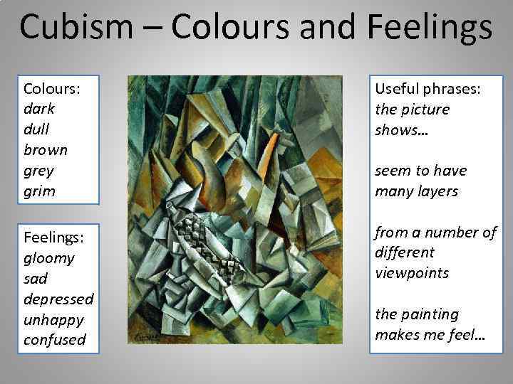 Cubism – Colours and Feelings Colours: dark dull brown grey grim Useful phrases: the