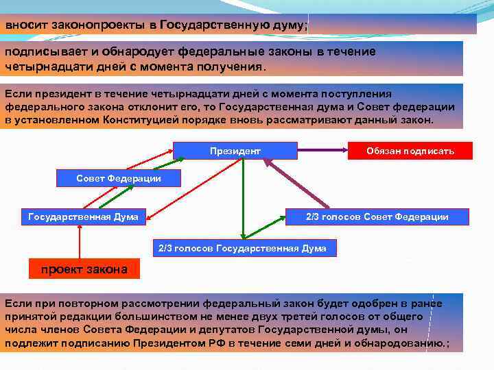 вносит законопроекты в Государственную думу; подписывает и обнародует федеральные законы в течение четырнадцати дней