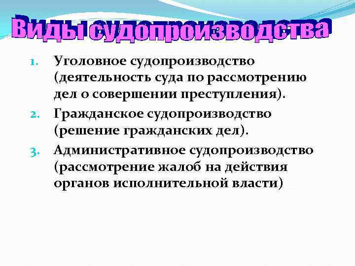 Уголовное судопроизводство (деятельность суда по рассмотрению дел о совершении преступления). 2. Гражданское судопроизводство (решение