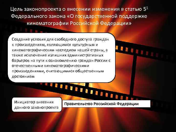 Цель законопроекта о внесении изменения в статью 51 Федерального закона «О государственной поддержке кинематографии