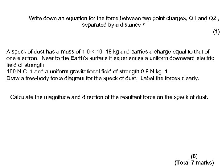 Write down an equation for the force between two point charges, Q 1 and
