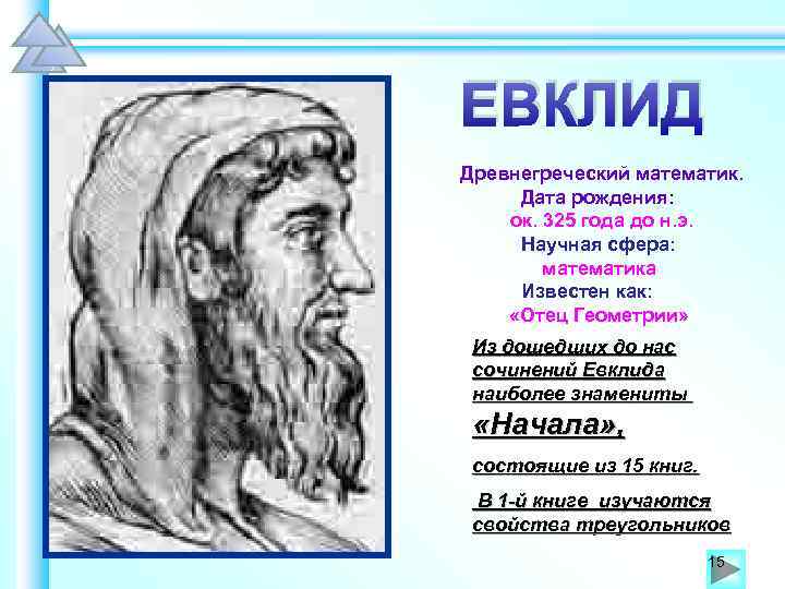 ЕВКЛИД Древнегреческий математик. Дата рождения: ок. 325 года до н. э. Научная сфера: математика