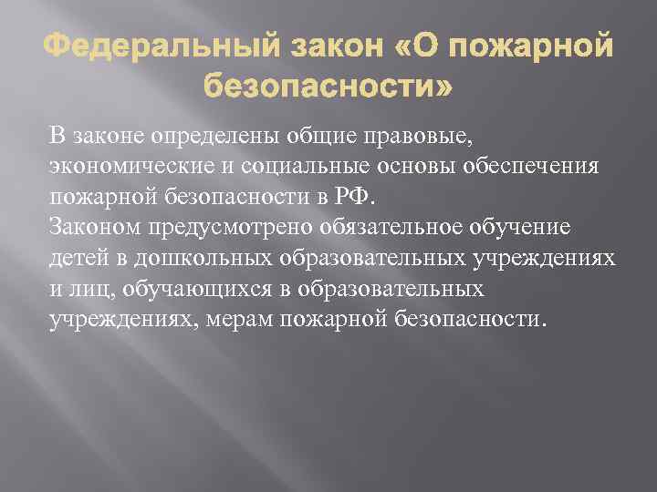 В законе определены общие правовые, экономические и социальные основы обеспечения пожарной безопасности в РФ.