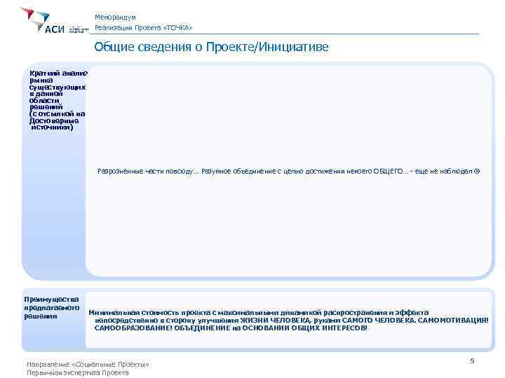 Меморандум Реализация Проекта «ТОЧКА» Общие сведения о Проекте/Инициативе Краткий анализ рынка существующих в данной