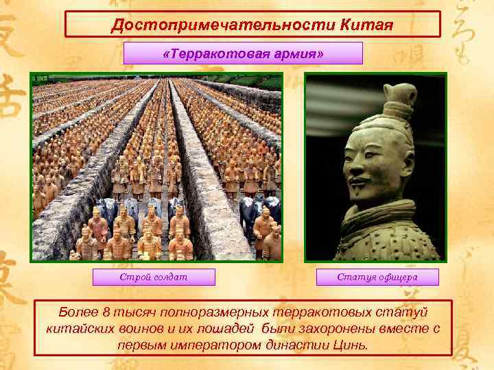Достопримечательности Китая «Терракотовая армия» Строй солдат Статуя офицера Более 8 тысяч полноразмерных терракотовых статуй