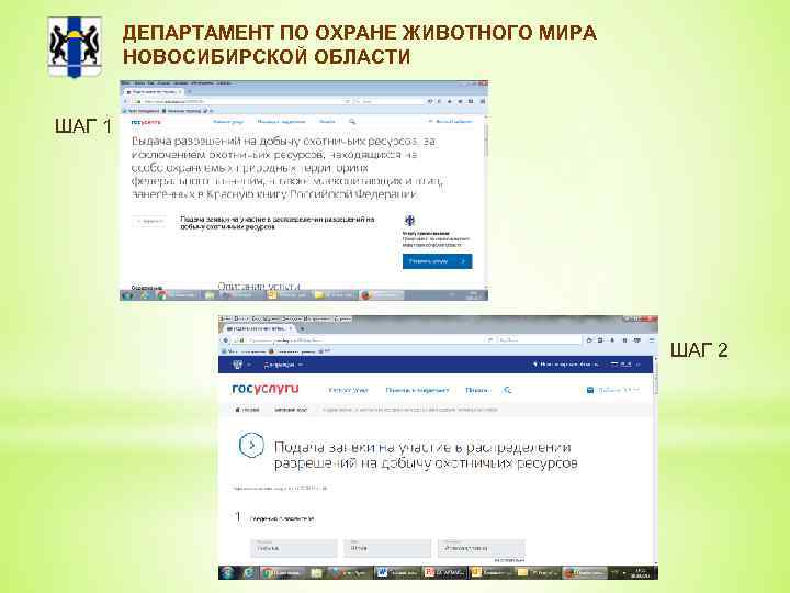 ДЕПАРТАМЕНТ ПО ОХРАНЕ ЖИВОТНОГО МИРА НОВОСИБИРСКОЙ ОБЛАСТИ ШАГ 1 ШАГ 2 