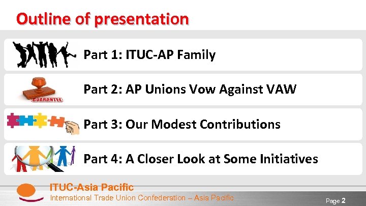 Outline of presentation Part 1: ITUC-AP Family Part 2: AP Unions Vow Against VAW