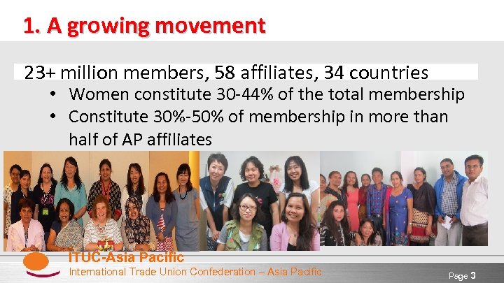 1. A growing movement 23+ million members, 58 affiliates, 34 countries • Women constitute