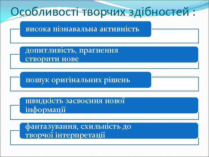 Особливості творчих здібностей : висока пізнавальна активність допитливість, прагнення створити нове пошук оригінальних рішень