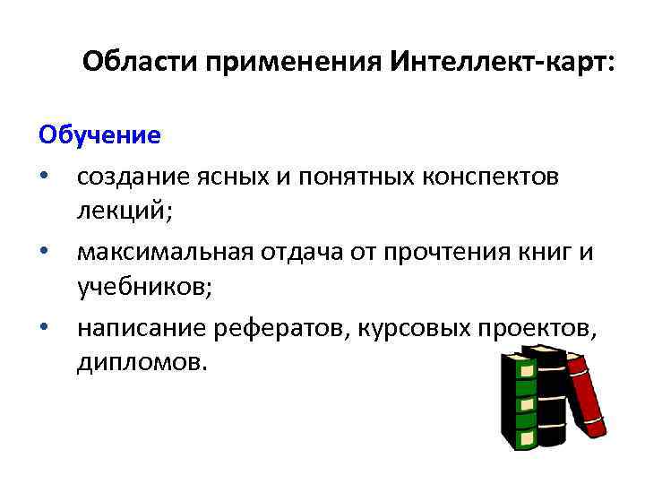 Области применения Интеллект-карт: Обучение • создание ясных и понятных конспектов лекций; • максимальная отдача