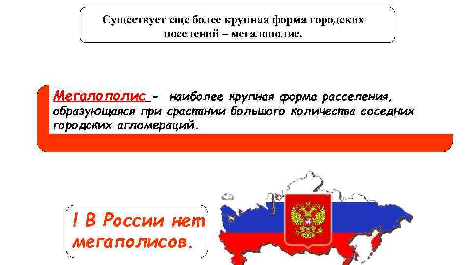 Существует еще более крупная форма городских поселений – мегалополис. Мегалополис - наиболее крупная форма