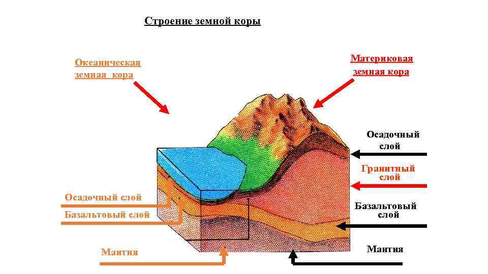  Строение земной коры Океаническая земная кора Материковая земная кора Осадочный слой Гранитный слой