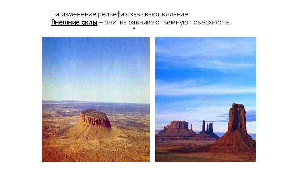 На изменение рельефа оказывают влияние: Внешние силы – они выравнивают земную поверхность. 
