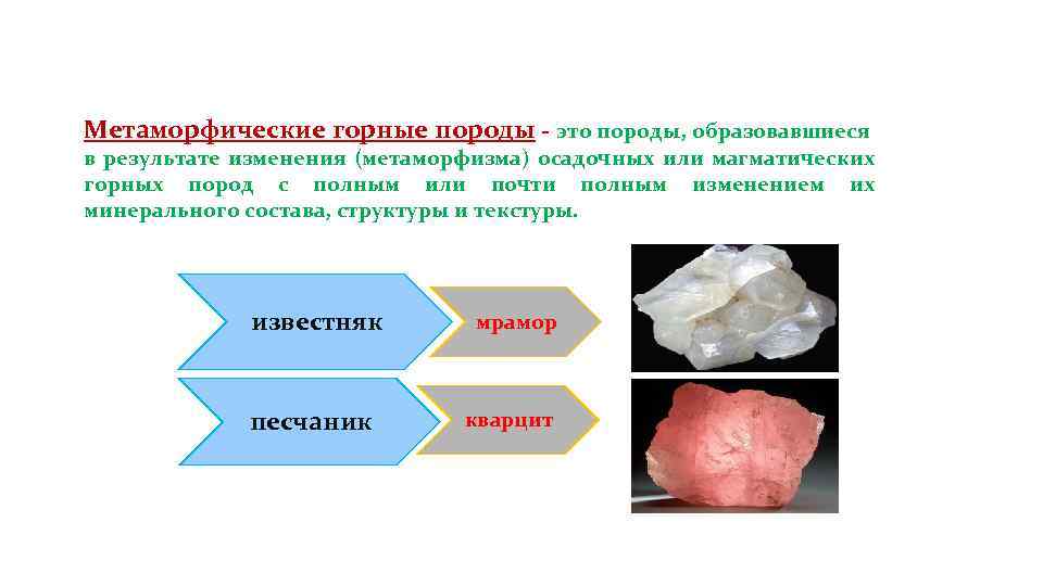 Метаморфические горные породы - это породы, образовавшиеся в результате изменения (метаморфизма) осадочных или магматических
