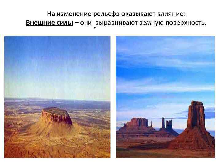 На изменение рельефа оказывают влияние: Внешние силы – они выравнивают земную поверхность. 