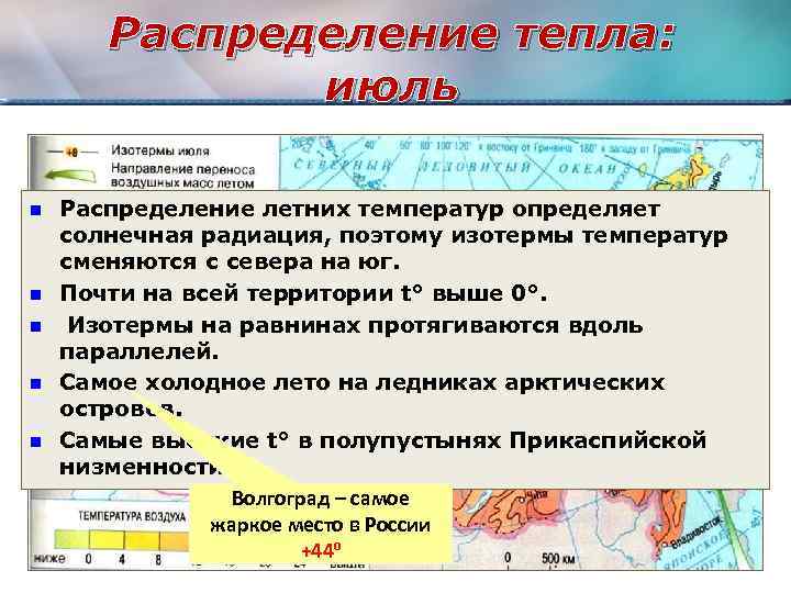 Распределение тепла: июль n n n Распределение летних температур определяет солнечная радиация, поэтому изотермы