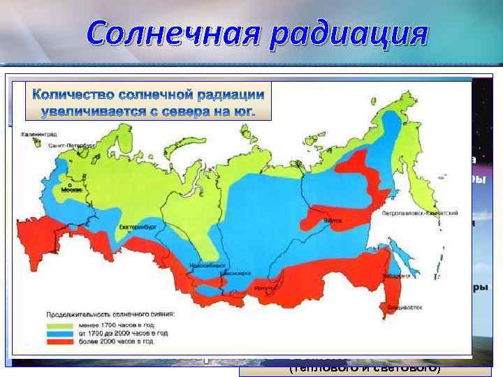 Солнечная радиация - это вся совокупность солнечного излучения (теплового и светового) 