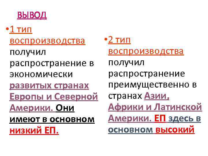 ВЫВОД • 1 тип воспроизводства получил распространение в экономически развитых странах Европы и Северной