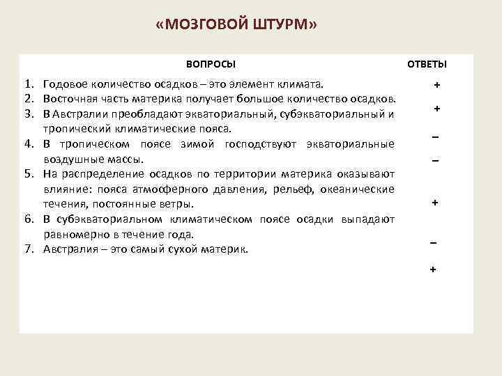  «МОЗГОВОЙ ШТУРМ» ВОПРОСЫ 1. Годовое количество осадков – это элемент климата. 2. Восточная