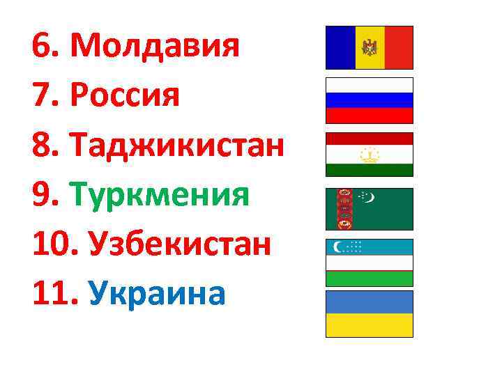  6. Молдавия 7. Россия 8. Таджикистан 9. Туркмения 10. Узбекистан 11. Украина 