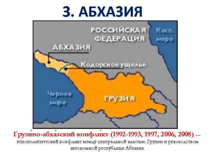 3. АБХАЗИЯ Грузи но-абха зский конфли кт (1992 -1993, 1997, 2006, 2008) — этнополитический