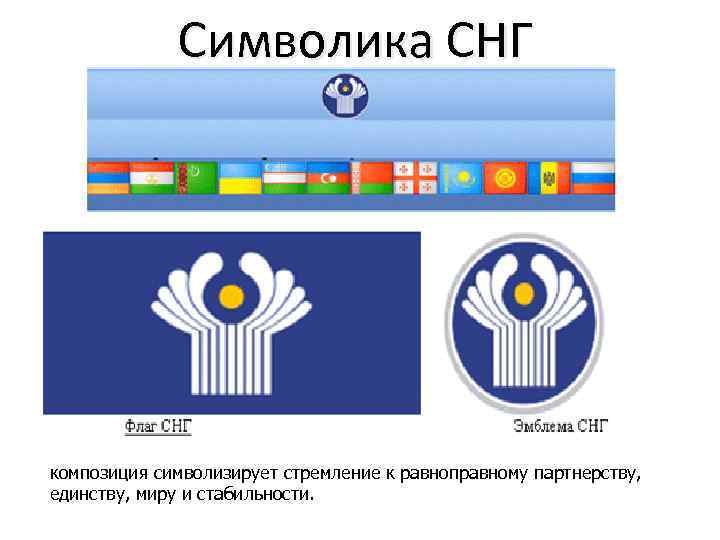 Символика СНГ композиция символизирует стремление к равноправному партнерству, единству, миру и стабильности. 