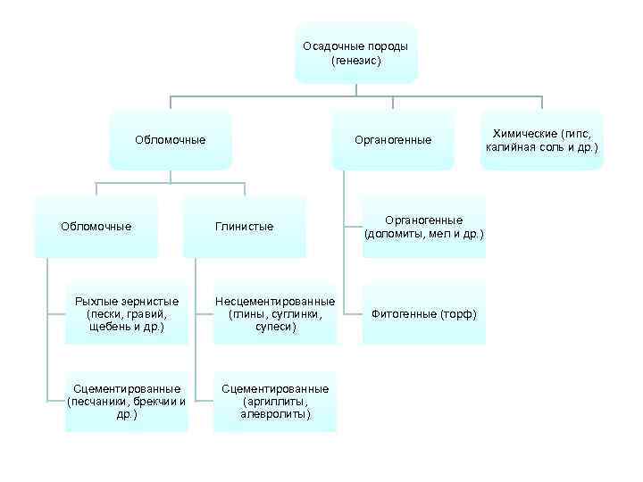 Осадочные породы (генезис) Обломочные Органогенные Глинистые Рыхлые зернистые (пески, гравий, щебень и др. )