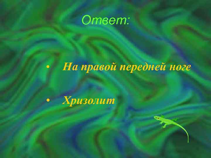 Ответ: • На правой передней ноге • Хризолит 