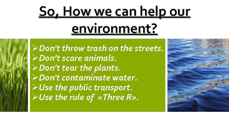 So, How we can help our environment? ØDon’t throw trash on the streets. ØDon’t