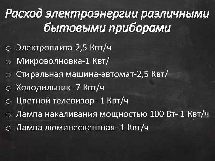 Расход электроэнергии различными бытовыми приборами o o o o Электроплита-2, 5 Квт/ч Микроволновка-1 Квт/