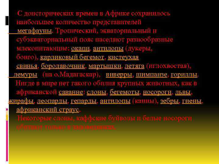  С доисторических времен в Африке сохранилось наибольшее количество представителей мегафауны. Тропический, экваториальный и