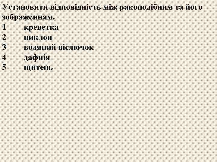 Установити відповідність між ракоподібним та його зображенням. 1 креветка 2 циклоп 3 водяний віслючок