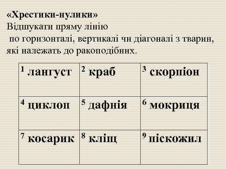  «Хрестики-нулики» Відшукати пряму лінію по горизонталі, вертикалі чи діагоналі з тварин, які належать