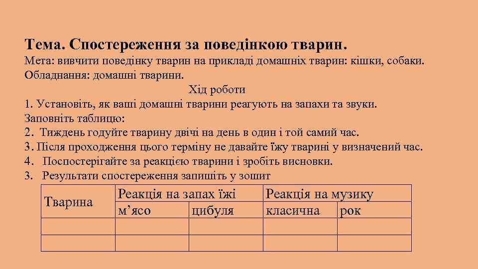 Тема. Спостереження за поведінкою тварин. Мета: вивчити поведінку тварин на прикладі домашніх тварин: кішки,