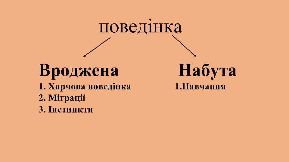 поведінка Вроджена 1. Харчова поведінка 2. Міграції 3. Інстинкти Набута 1. Навчання 