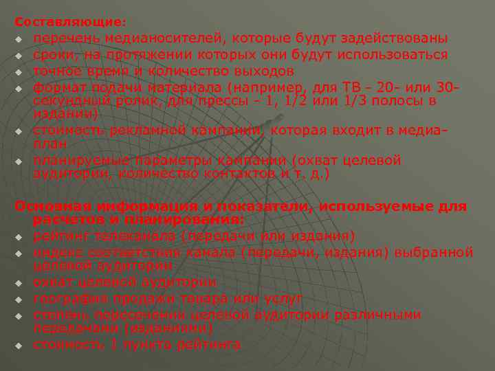 Составляющие: u u u перечень медианосителей, которые будут задействованы сроки, на протяжении которых они