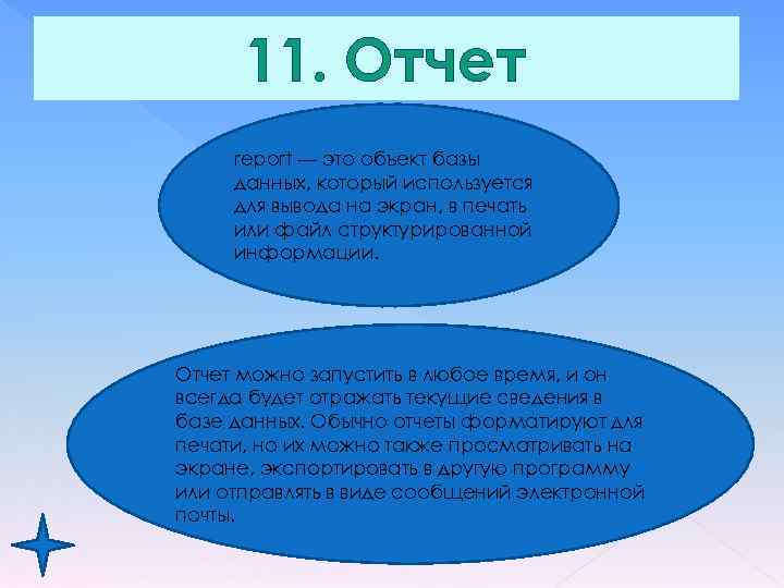 11. Отчет report — это объект базы данных, который используется для вывода на экран,