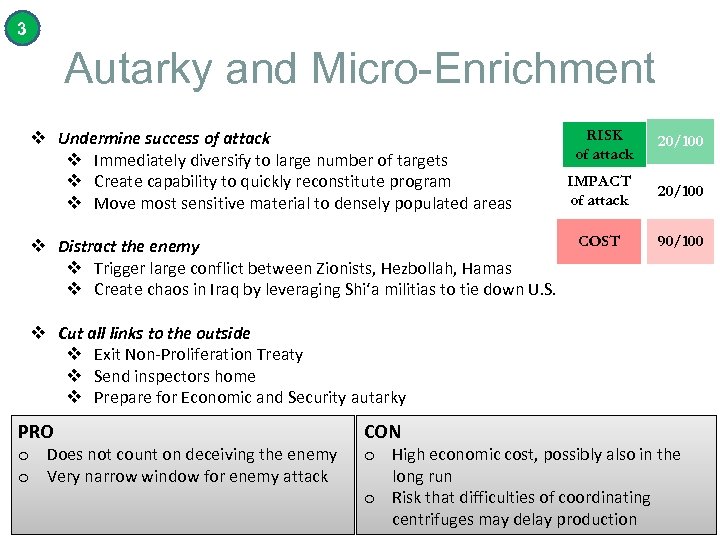 3 Autarky and Micro-Enrichment v Undermine success of attack v Immediately diversify to large