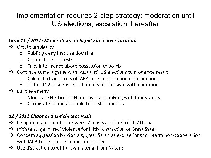 Implementation requires 2 -step strategy: moderation until US elections, escalation thereafter Until 11 /