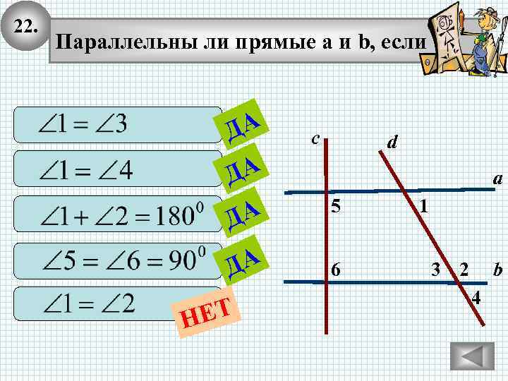 22. Параллельны ли прямые а и b, если ДА ДА ЕТ Н с d