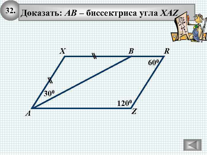 32. Доказать: АВ – биссектриса угла XAZ X В R 600 300 А 1200