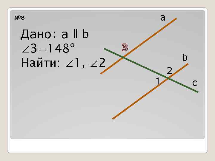 а № 8 Дано: а ǁ b ∠ 3=148º Найти: ∠ 1, ∠ 2