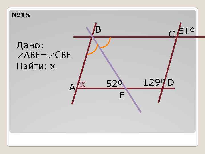 № 15 B C 51º Дано: ∠АВЕ=∠СВЕ Найти: x Ax 52º E 129º D