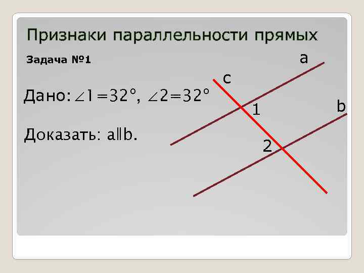 Признаки параллельности прямых Задача № 1 а с Дано: ∠ 1=32º, ∠ 2=32º 1