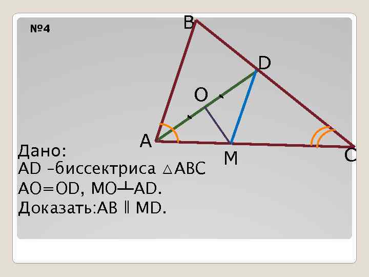 B № 4 ´ O ´ D A Дано: AD –биссектриса △ABC AO=OD, MO┻AD.