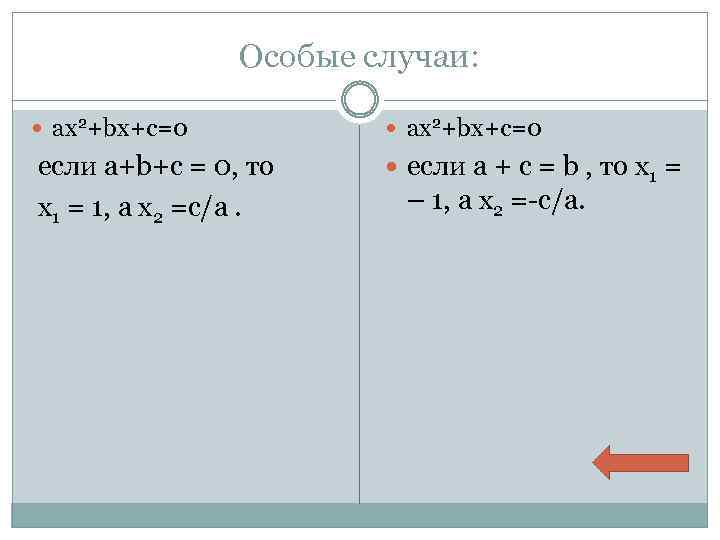 Особые случаи: ax 2+bx+c=0 если a+b+c = 0, то х1 = 1, а х2