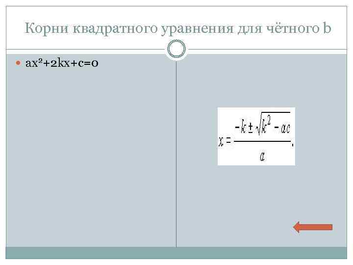  Корни квадратного уравнения для чётного b ax 2+2 kx+c=0 